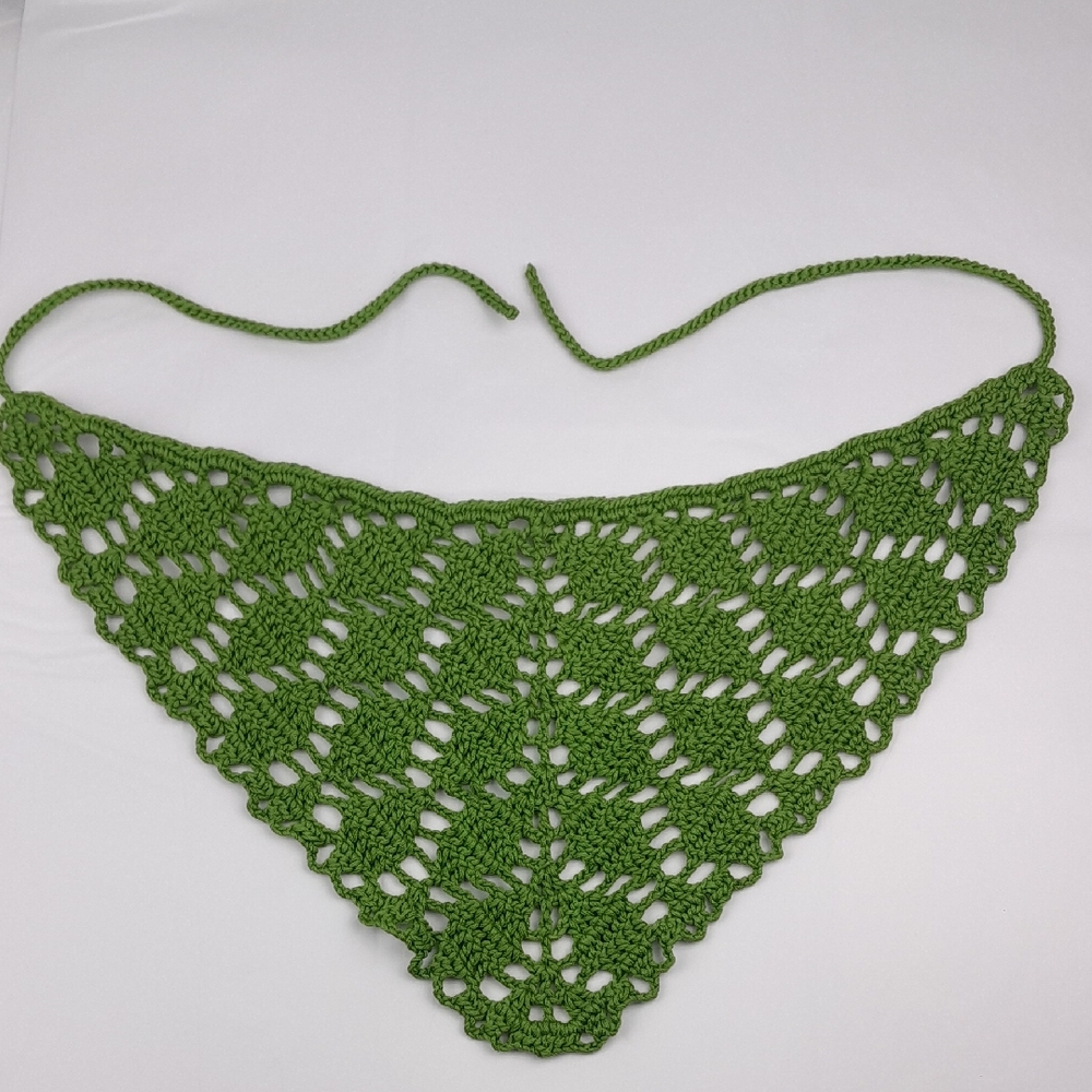 Green Handcrafted Crochet Filet Leaf Patterned Tie Back Head Bandana Kerchief - Picture 2 of 7